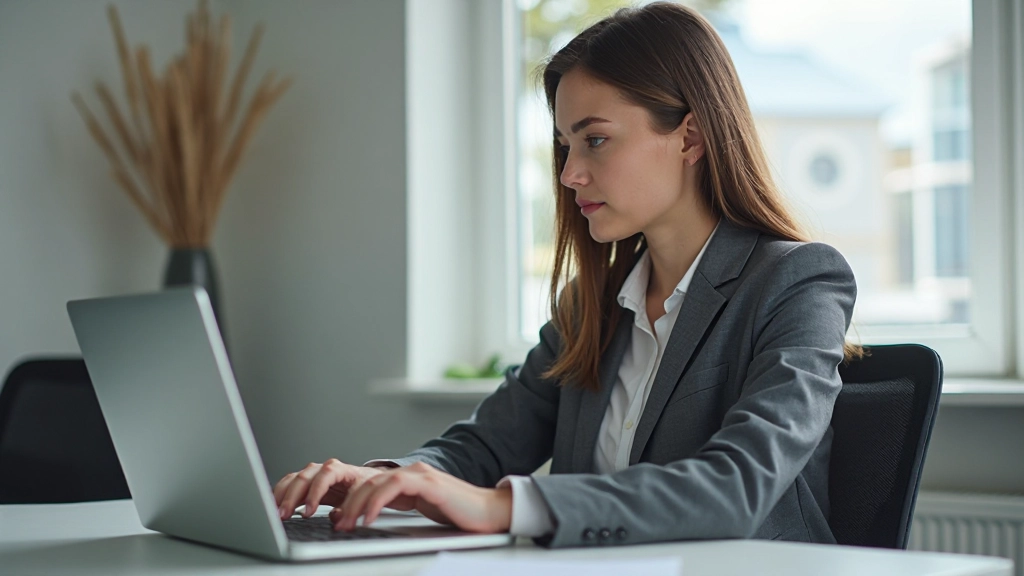 Профессиональный человек работает на ноутбуке в современном офисе, просматривая профиль в социальной сети